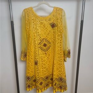 Yellow Embroidered Kurta with Sheer Sleeves